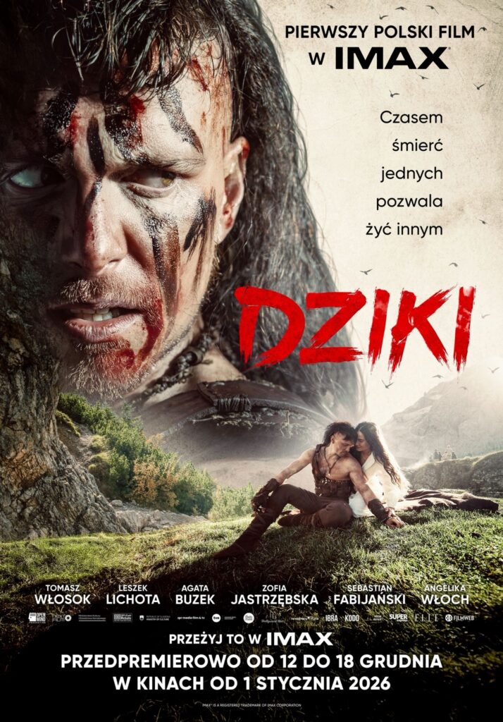Plakat kinowy filmu "Dziki" w reż. Maciej Kawulskiego, na nim Tomasz Włosok oraz Angelika Włoch.